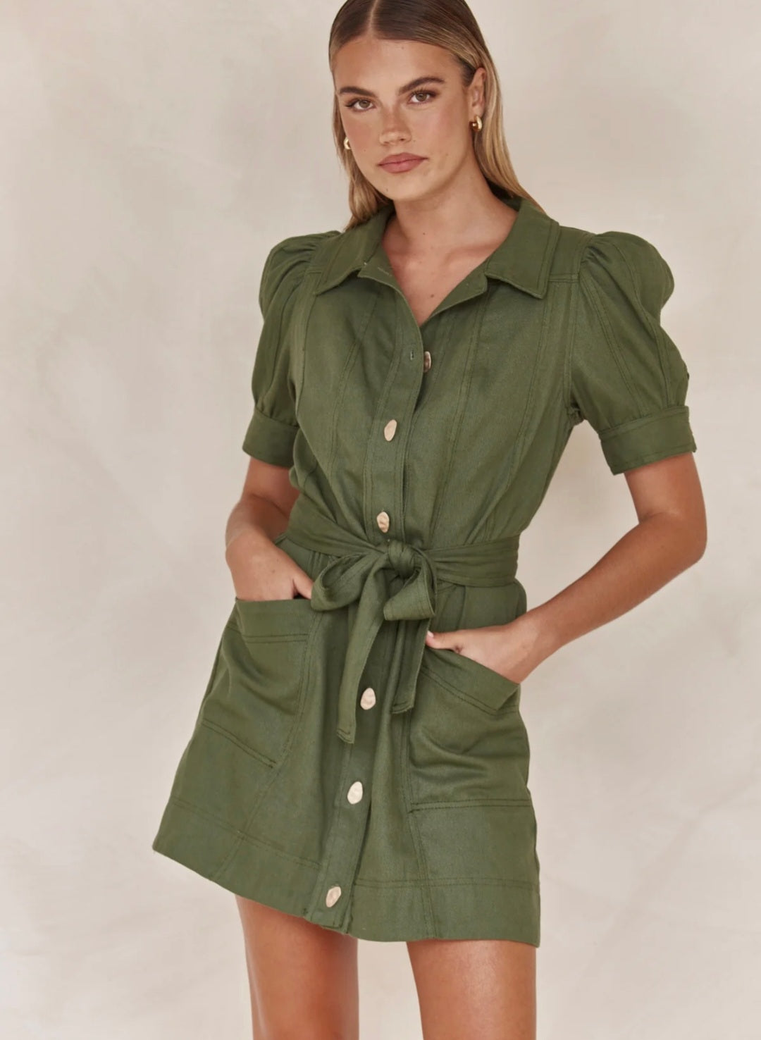 Linen Dress for Women - Olive Green Tie-Up Shirt Style Dress in Linen Blend-3