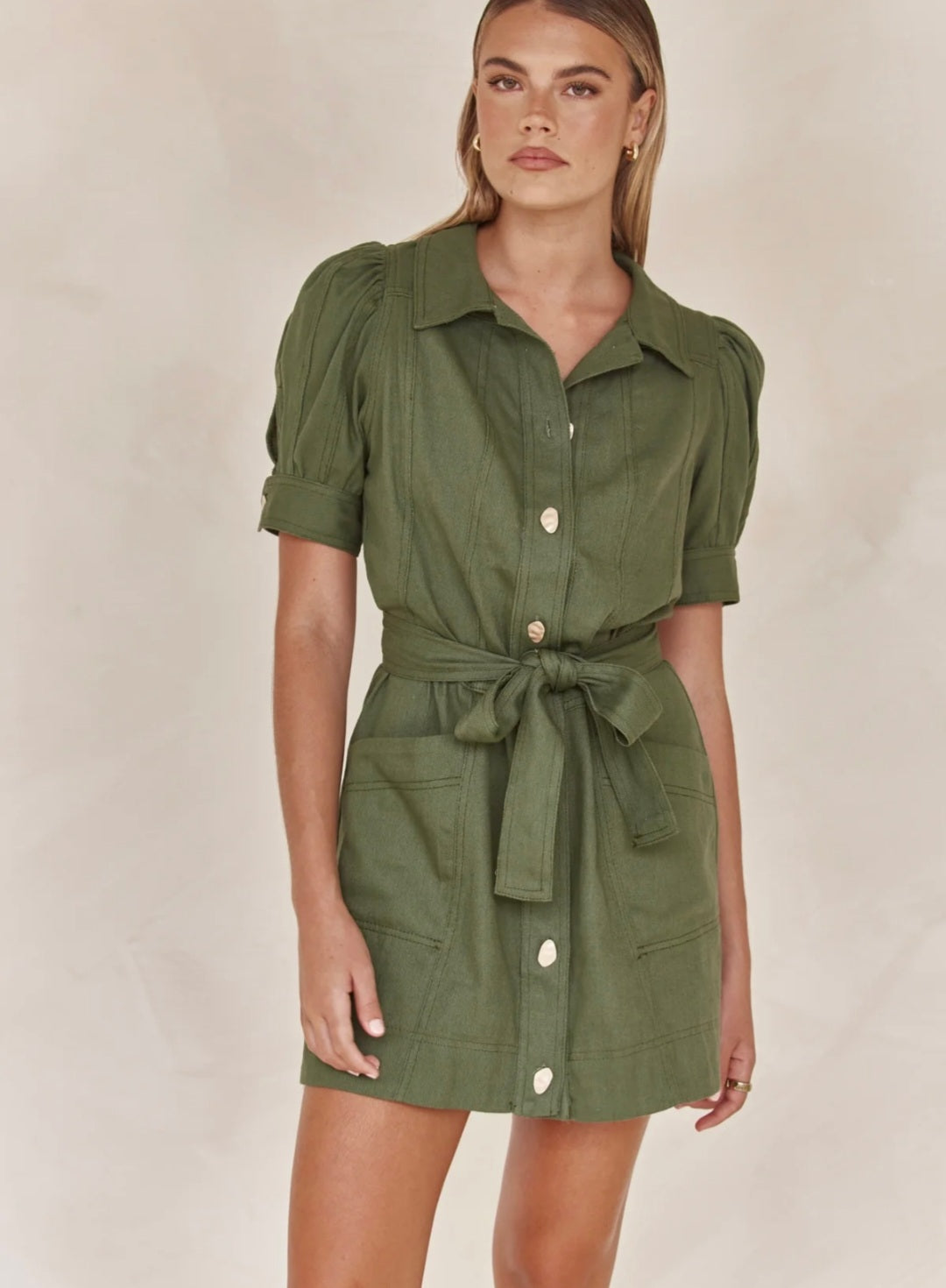 Linen Dress for Women - Olive Green Tie-Up Shirt Style Dress in Linen Blend-0