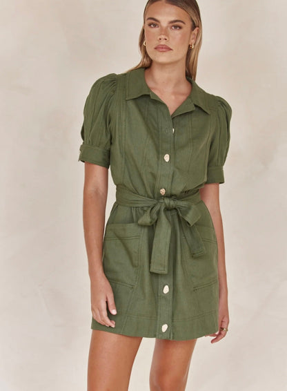Linen Dress for Women - Olive Green Tie-Up Shirt Style Dress in Linen Blend-0