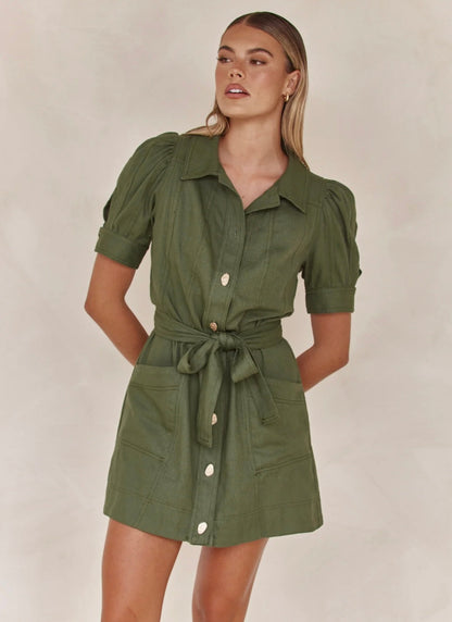 Linen Dress for Women - Olive Green Tie-Up Shirt Style Dress in Linen Blend-2