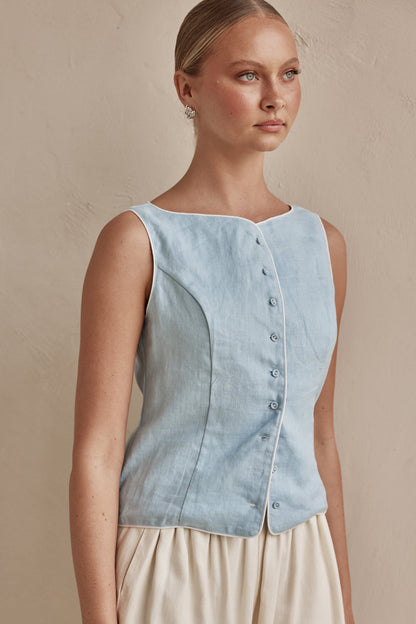 Sky Blue Sleeveless Linen Vest for Women-3
