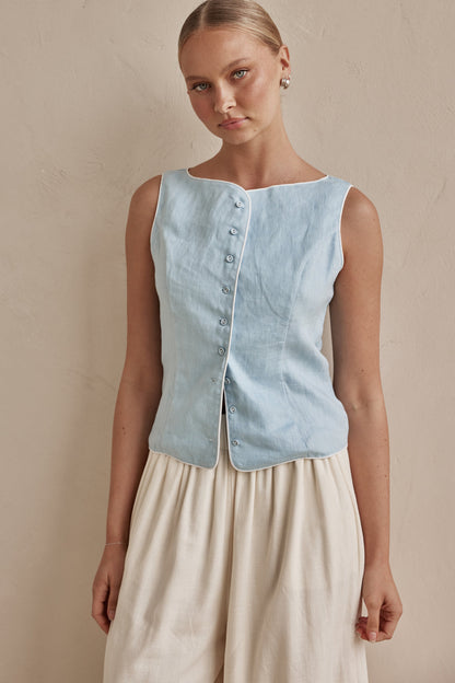 Sky Blue Sleeveless Linen Vest for Women-2