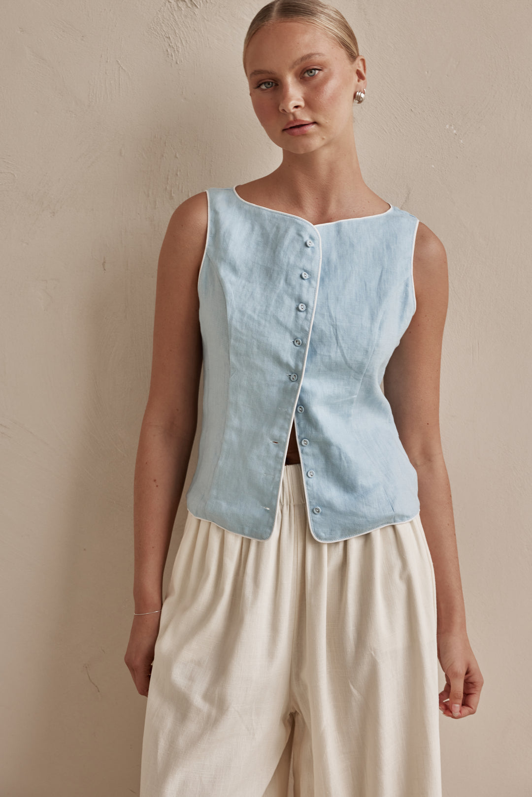 Sky Blue Sleeveless Linen Vest for Women-0